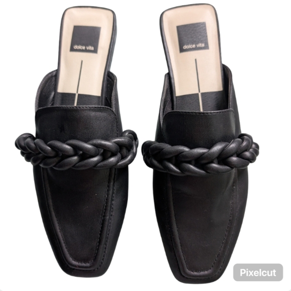 Dolce Vita Giovany Black Leather Braided Mule Slides Flats Designer Shoes - Picture 2 of 9